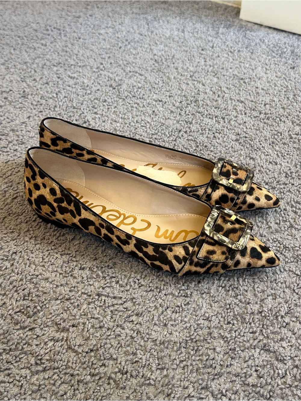 Sam Edelman Leopard Print Pointed Toe Buckle Flats - Tan/Black - Picture 4 of 10